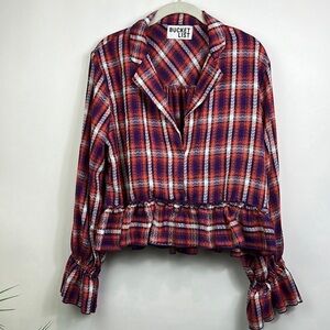 NWOT Bucket List Plaid Top Blouse 100% Cotton Large Fall Blouson Sleeve Crop